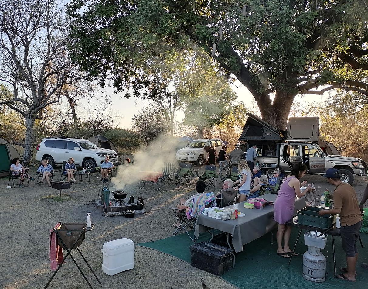 Group tour campsite set up under a tree.