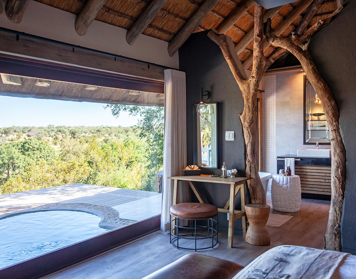The interior of a guest room at Leopard Hills Lodge in Sabi Sands Nature Reserve.