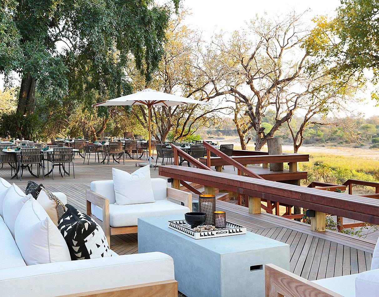 Outdoor terrace overlooking the game reserve at MalaMala Camp, South Africa.