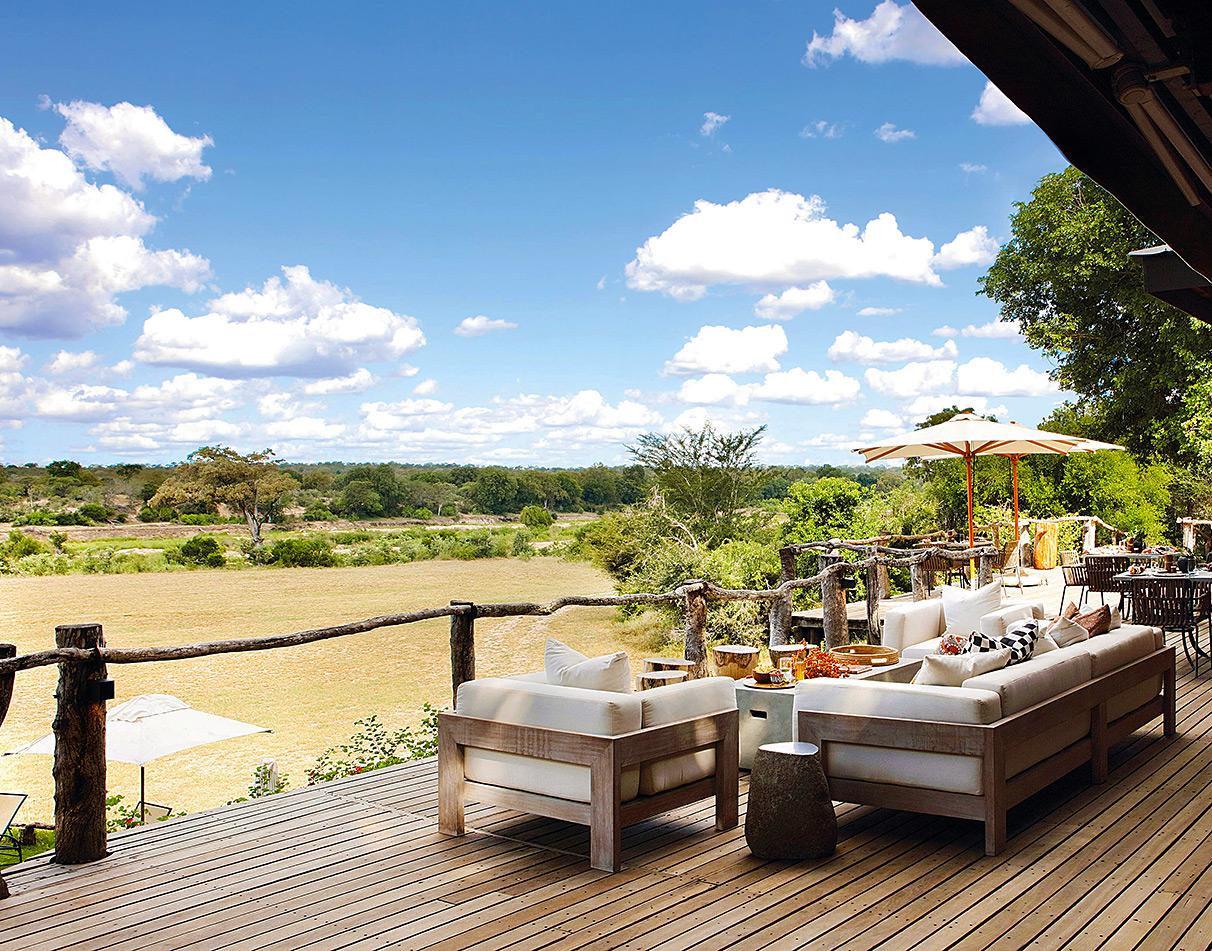 Veranda overlooking Kruger riverbed at MalaMala Sable Camp, South Africa.