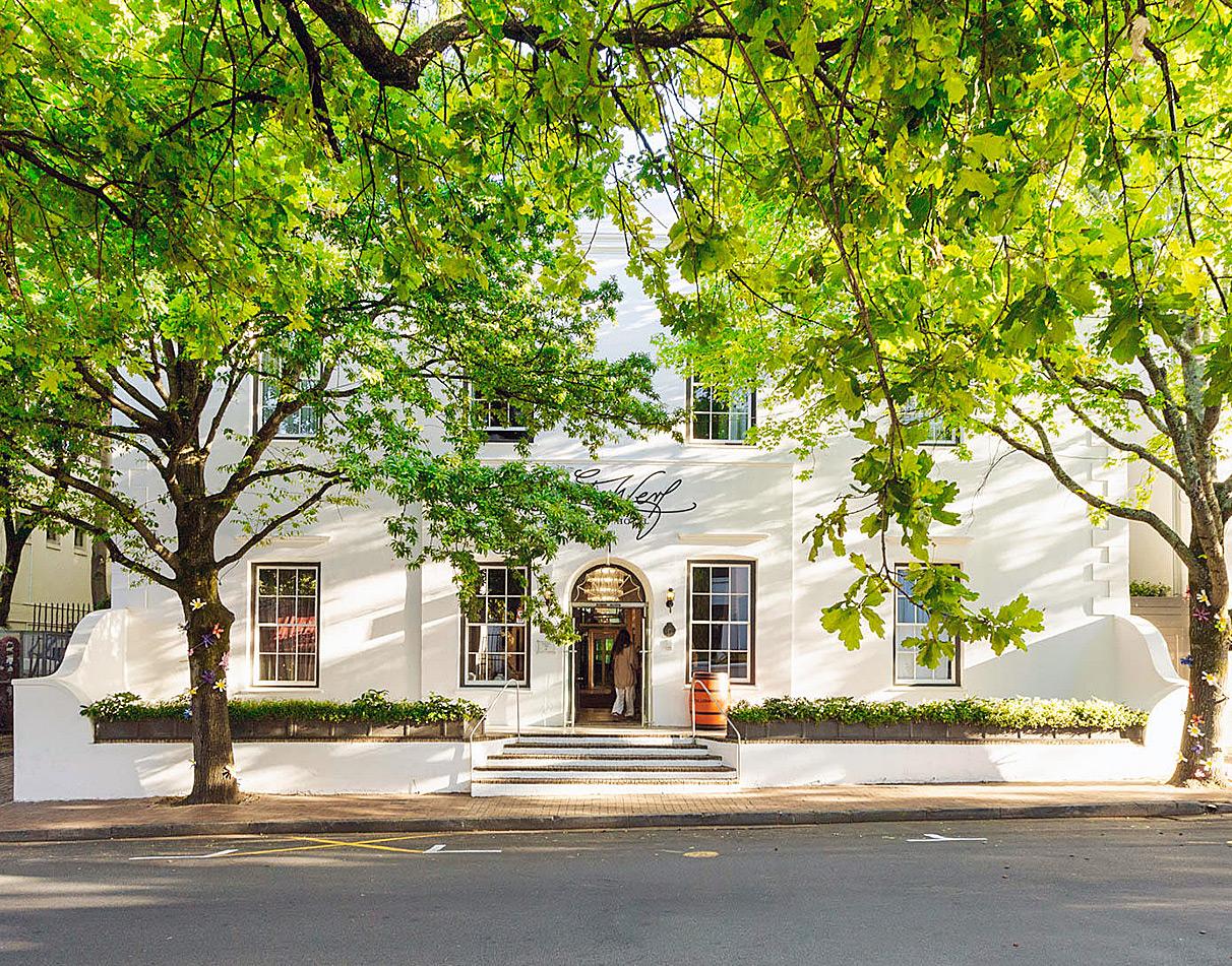Frontview of the building of Oude Werf Hotel, Cape Winelands, South Africa.