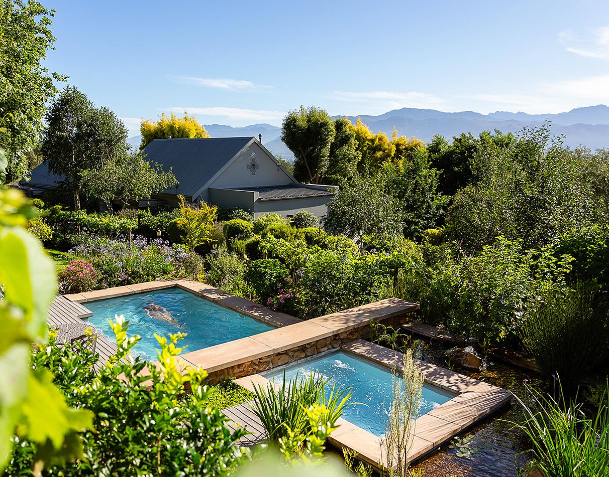 The pool of the Angel Boutique Hotel in the middle of nature, Cape Winelands, South Africa.