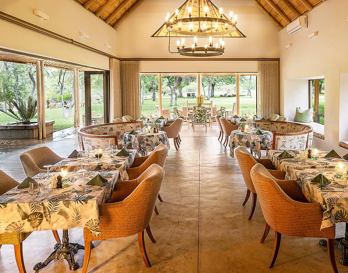 Elegant interior restaurant at Simbavati Camp George, South Africa.