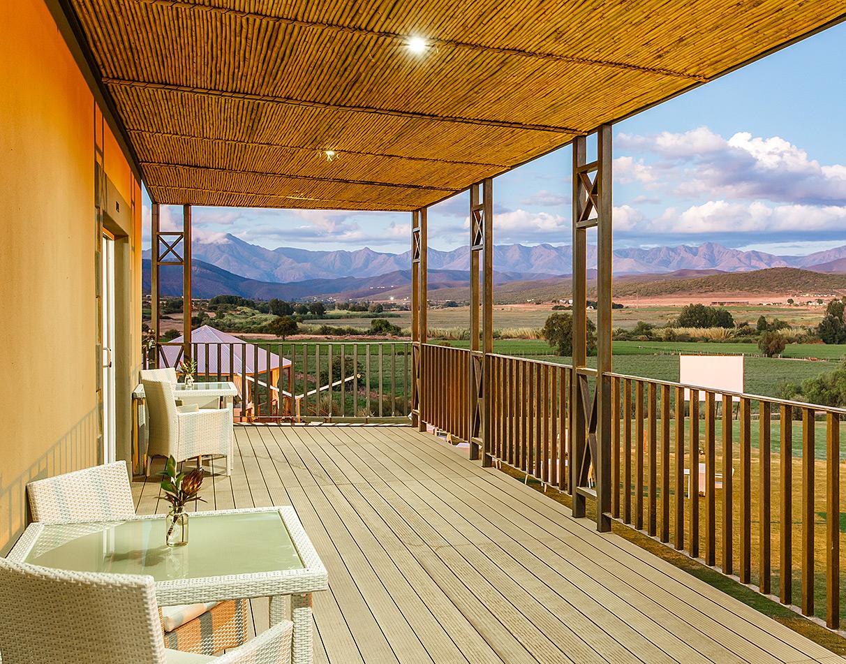 Terrace with mountain view, Surval Olive Estate, South Africa.