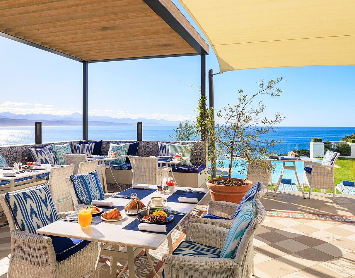 Veranda with ocean view of The Plettenberg in Plettenberg Bay, South Africa.