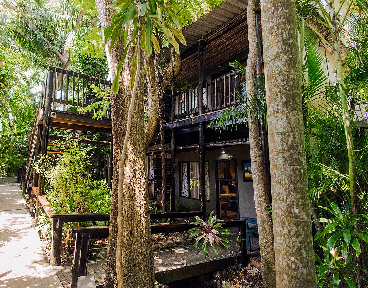 the wooden exterior building of umlilo lodge, Isimangaliso Wetland Park.