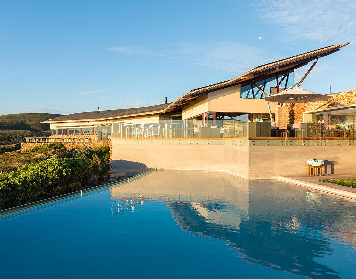 Grootbos Forest Lodge infinity pool and terrace overlooking the fynbos.