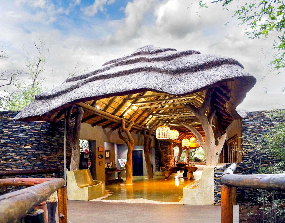 Curved modern reception building at Madikwe Hills Lodge.
