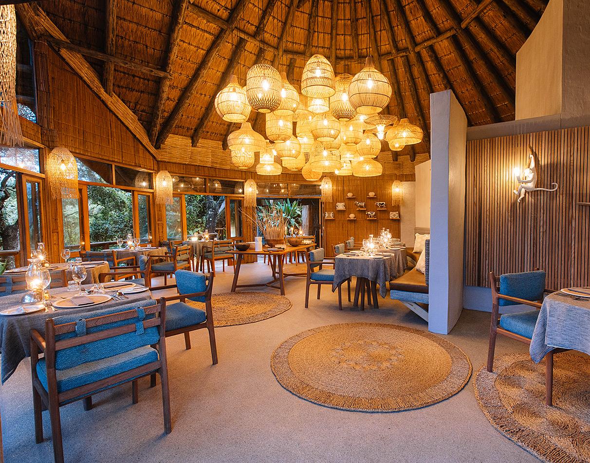 Warm light dining area at Thonga Beach Lodge.