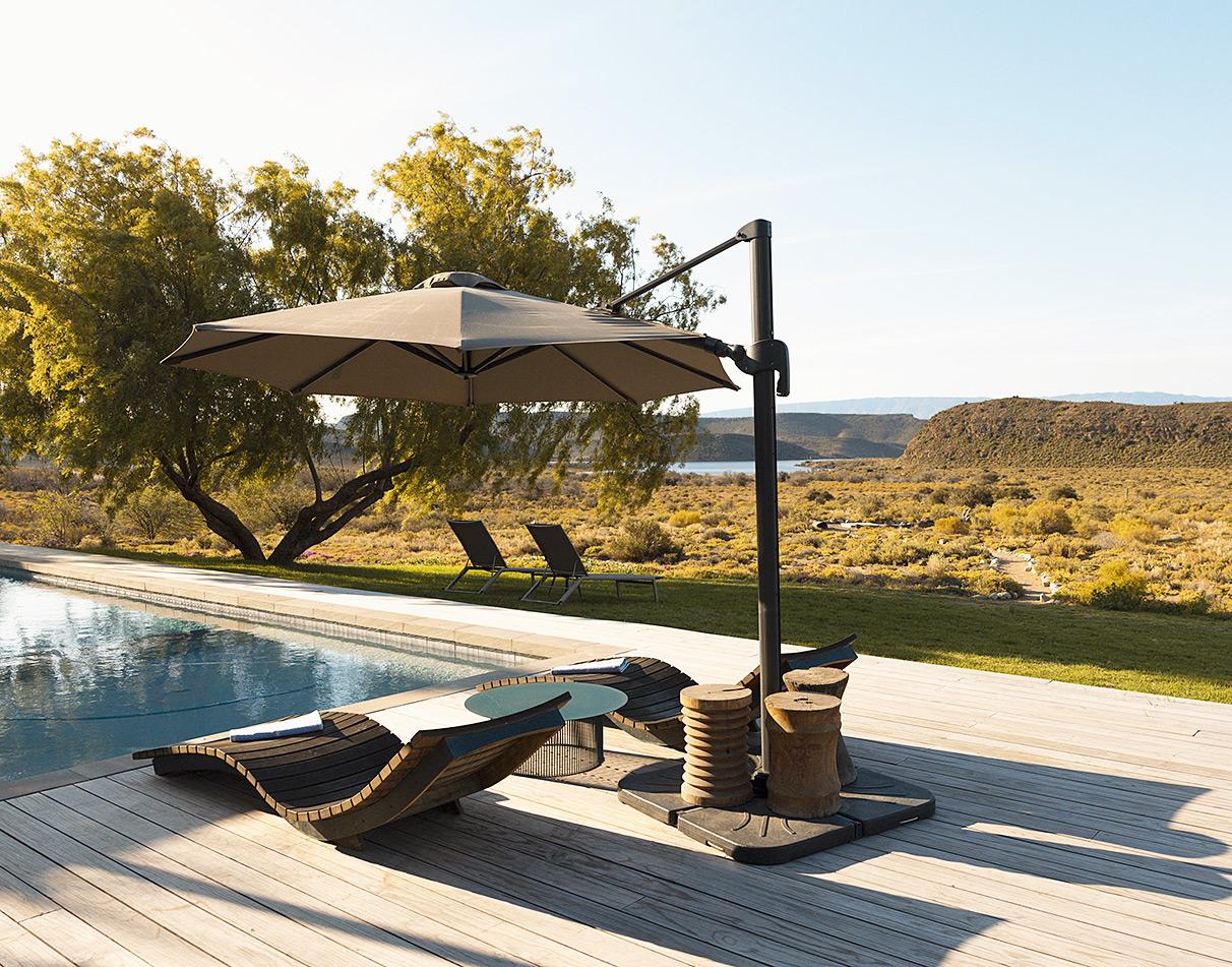 Pool deck overlooking Sanbona Wildlife Reserve, at Gondwana Family Lodge.