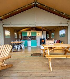 Africamps White Elephant tented camp with wooden deck and canvas walls.