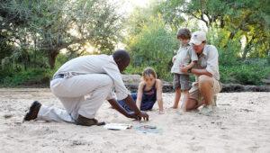 A guide introducing children to nature at Londolozi Varty Camp, South Africa.