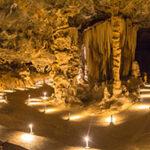 Illuminated stalactites and stalagmites inside the Cango Caves.