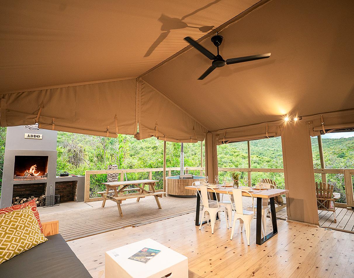 Interior of a tented unit at Africamps Addo Elephant Park.