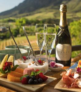 Champagne breakfast with mountain views at Delaire Graff Lodge, South Africa.