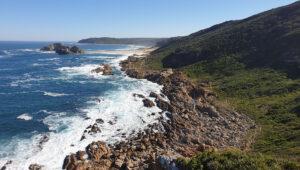 Rugged wild coastline along the Garden Route with rocky cliffs, crashing waves, and green coastal fynbos in South Africa.