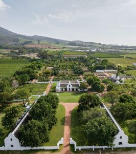 Aerial drone view of Babylonstoren farm and gardens, Cape Winelands, South Africa.