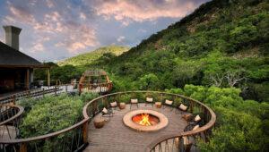 Aerial view of a fire pit and landscape at Eagles Crag, Shamwari Private Game Reserve.