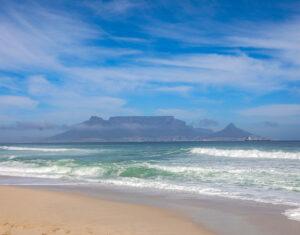 View of Table Mountain and Lions Head from Blouberg beach one of the best beaches in South Africa.
