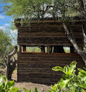 A rustic photography hide nestled in the bush at Makumu Lodge.