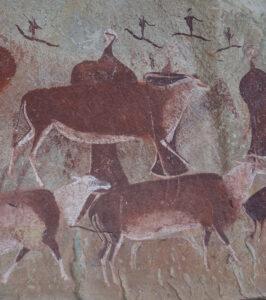 Ancient San rock art in Drakensberg, South Africa, depicting hunters and cattle.