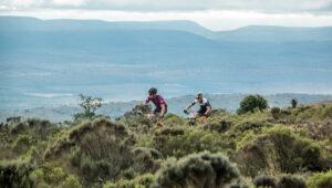 Mountain bikers riding hillside trail, AfriCamps Addo, South Africa.