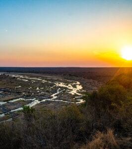 River landscape at sunset in Kruger National Park, South Africa.
