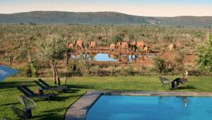 Areal view of a safari lodge close to a waterhole n the Madikwe Game Reserve.