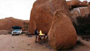 Campfire at rooftop tent camp, Namibia.