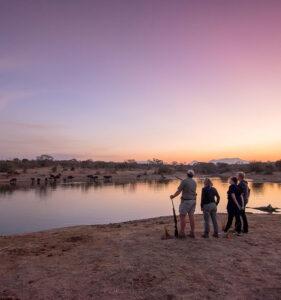 Guide pointing out wildlife to guests at a waterhole at sunset during a bush walk at Saseka Tented Lodge.