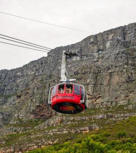Cable car ascending the rocky cliffs of Table Mountain in Cape Town, South Africa.