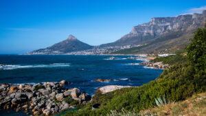 Coastal view towards Lion's Head and Table Mountain from Chapman's Peak Drive, Cape Town.