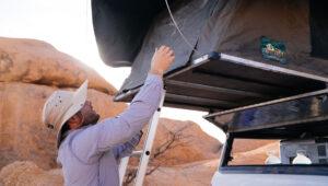 A rooftop tent on a self-drive vehicle in Namibia.