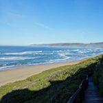 Wooden pathway leading down to a deserted Garden Route beach with rolling waves.