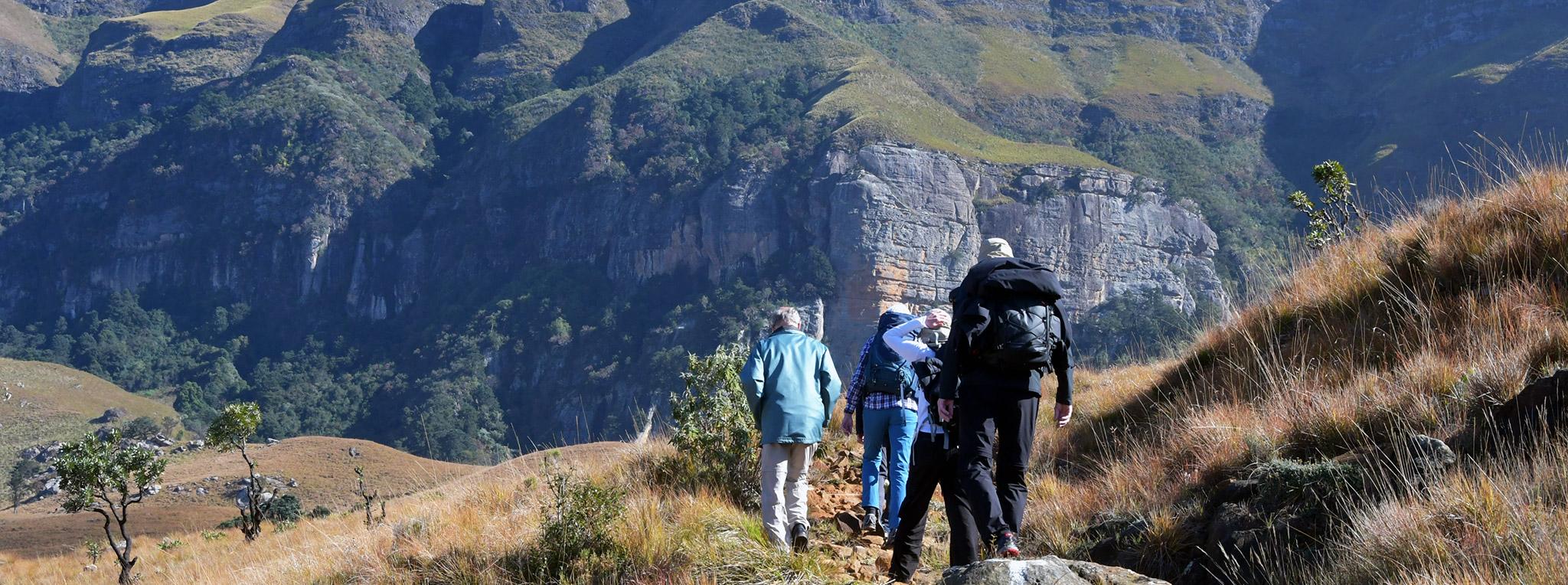 A group of hikers in the Drakensberg mountains on a hiking tour in South Africa.