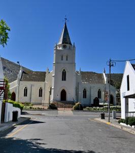 Historic white Dutch Reformed church with steeple in Montagu, Route 62, South Africa.