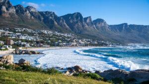 Camps Bay beach with the Twelve Apostles mountain range, Cape Town, South Africa.