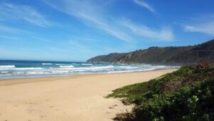 Vast empty sandy beach with rolling waves and coastal hills along the Garden Route, South Africa.