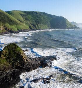 Rugged coastline of the Wild Coast where the ocean meets mountain.