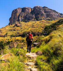 Hiking up a rocky path in Drakensberg Mounatins.
